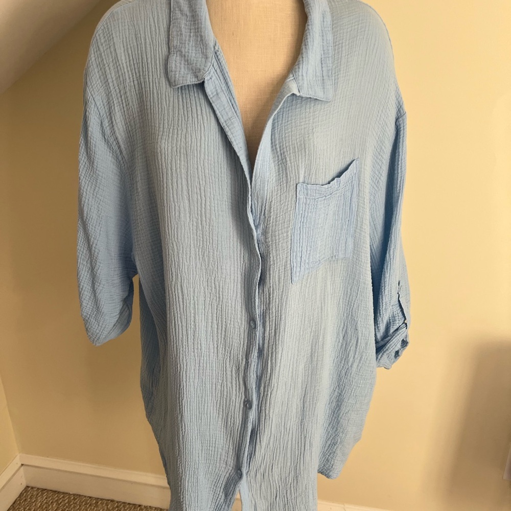 Light Blue Crinkle Button-Front Women's Swim Coverup